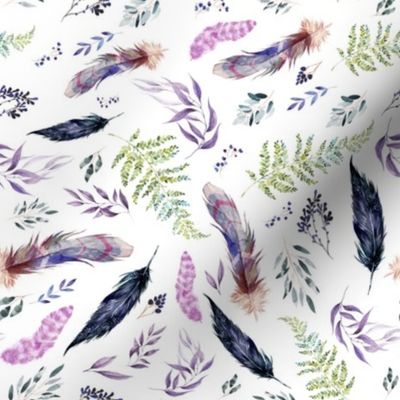 8" Boho Lilac Leaves & Feathers - White