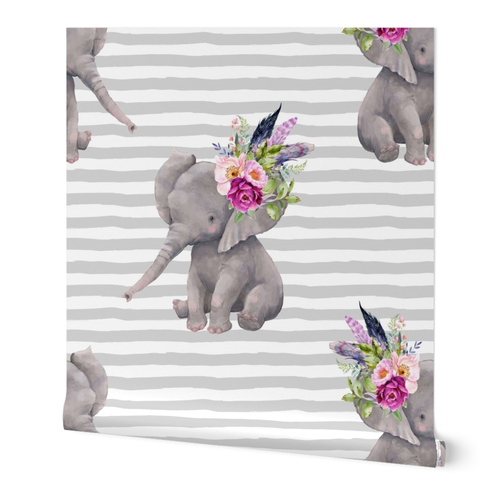 8" Boho Lilac Elephant - Grey Stripes