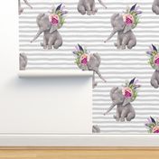 8" Boho Lilac Elephant - Grey Stripes