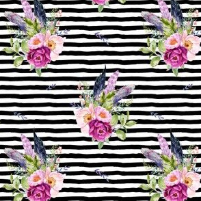 4" Lilac Boho Florals with Feathers - Black & White Stripes