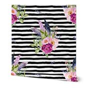 8" Lilac Boho Florals with Feathers - Black & White Stripes