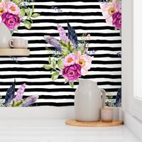 8" Lilac Boho Florals with Feathers - Black & White Stripes