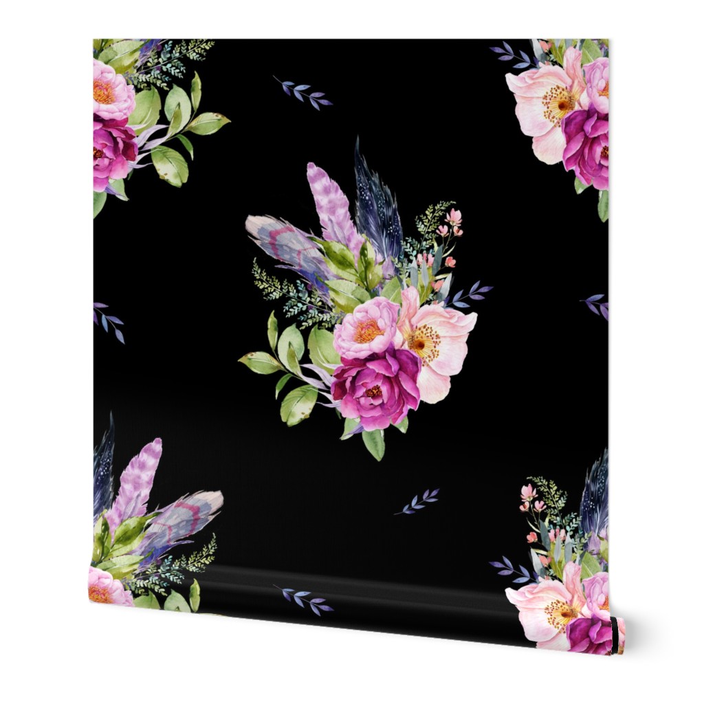 18" Lilac Boho Florals with Feathers - Black