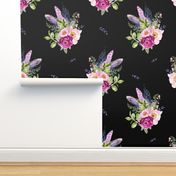 18" Lilac Boho Florals with Feathers - Black