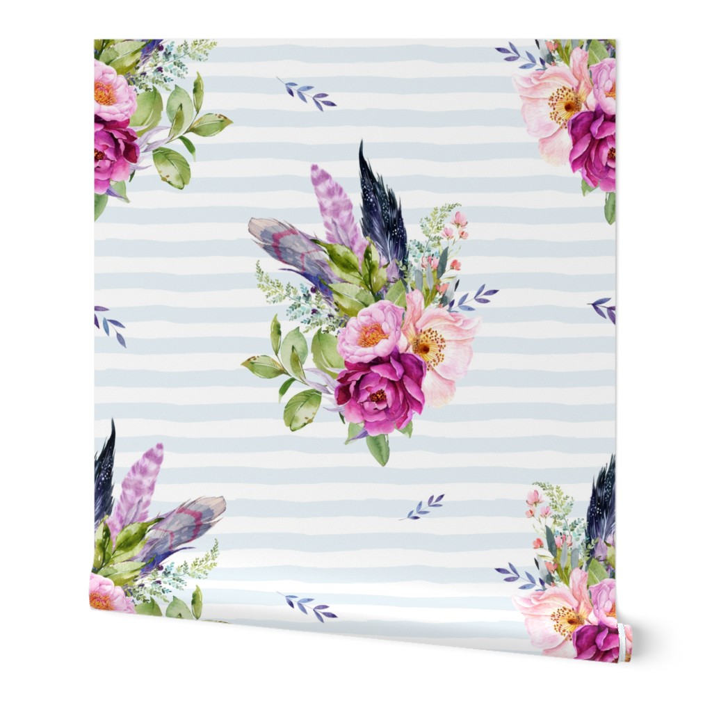 4" Lilac Boho Florals with Feathers - Blue Stripes