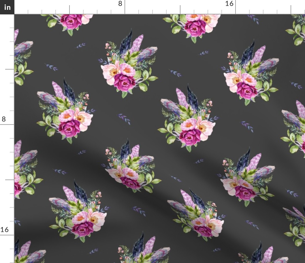 8" Lilac Boho Florals with Feathers - Dark Grey
