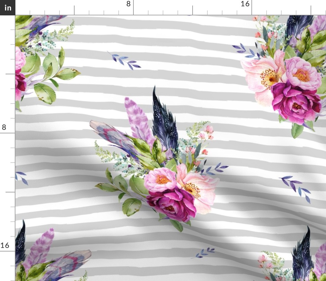 18" Lilac Boho Florals with Feathers - Grey Stripes