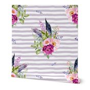 8" Lilac Boho Florals with Feathers - Lilac Stripes