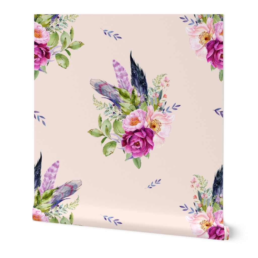 8" Lilac Boho Florals with Feathers - Peach
