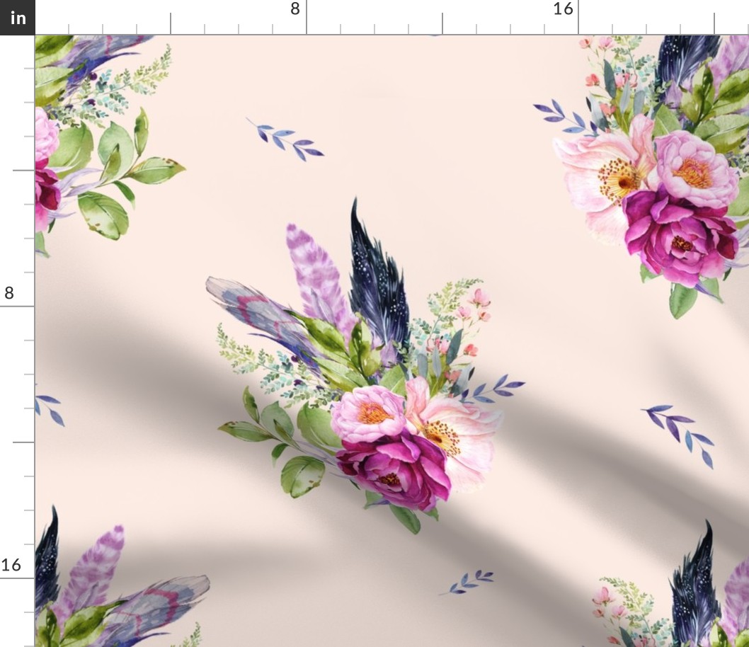 18" Lilac Boho Florals with Feathers - Peach