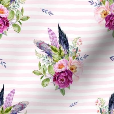 8" Lilac Boho Florals with Feathers - Pink Stripes