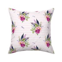 8" Lilac Boho Florals with Feathers - Pink Stripes