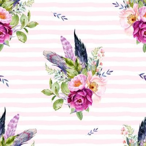 8" Lilac Boho Florals with Feathers - Pink Stripes
