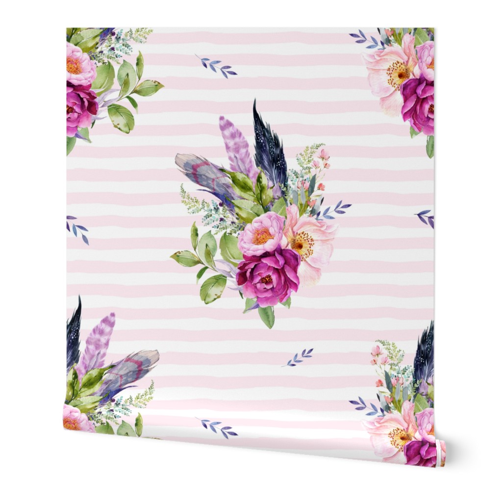 18" Lilac Boho Florals with Feathers - Pink Stripes