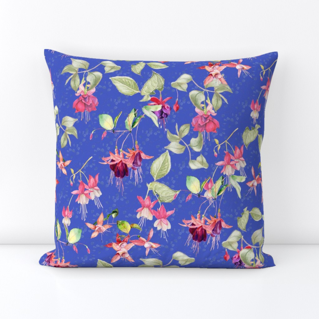 FUCHSIA FLOWERS WATERCOLOR GARDEN ON PERIWINKLE BLUE