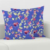 FUCHSIA FLOWERS WATERCOLOR GARDEN ON PERIWINKLE BLUE