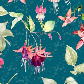 FUCHSIA FLOWERS WATERCOLOR ON EMERALD GREEN BLUE