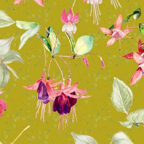 FUCHSIA FLOWERS WATERCOLOR ON LIME MOSS CHARTREUSE GREEN