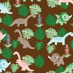 Pastel Dino on brown,  Dinosaurs, Kids fabric, Children