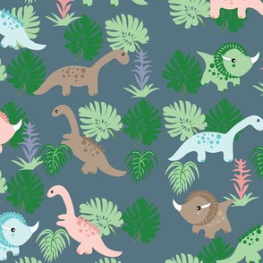 PastelDino on Slate Blue, Cute Dinosaurs, Kids fabric, children's fabric