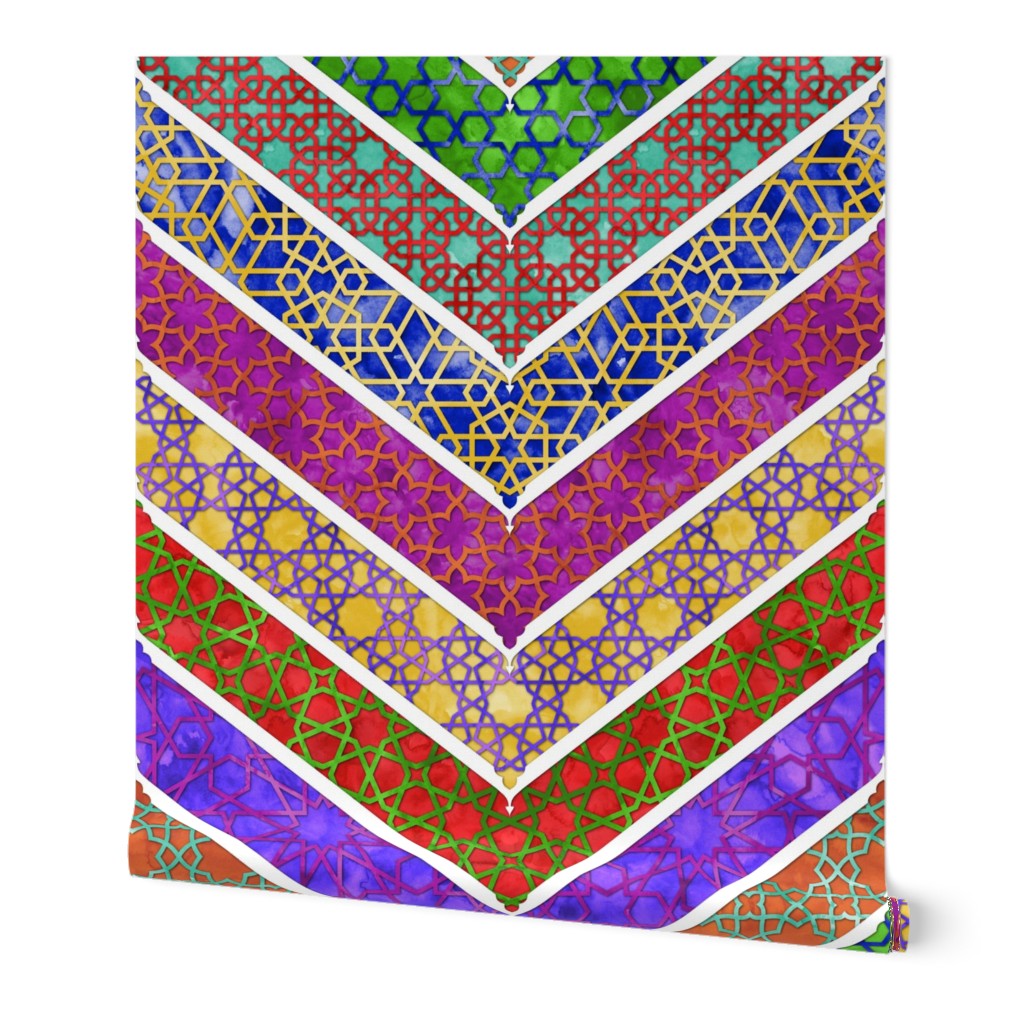 Watercolor Moroccan Lattice  Chevron ~ Mixed Rainbow 