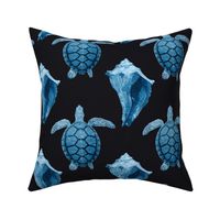 Blue Sea Turtles & Conch Shell on Black