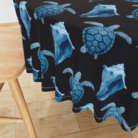 Blue Sea Turtles & Conch Shell on Black