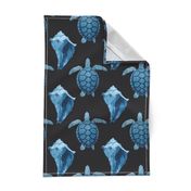 Blue Sea Turtles & Conch Shell on Black