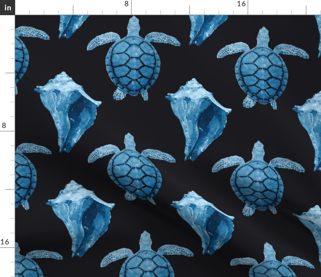 Blue Sea Turtles & Conch Shell on Black