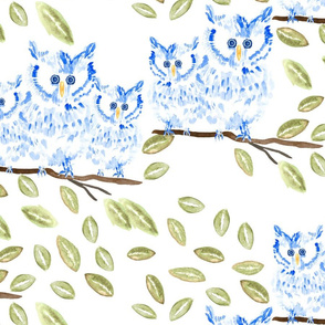 Happy Owl Blue Watercolor Leaves-01