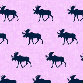 (small scale) navy moose on light purple linen 