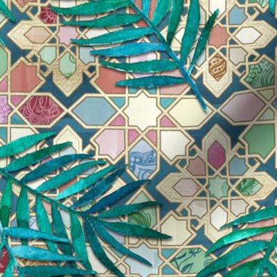 Muted Moroccan Mosaic Tiles with Palm Leaves - large version
