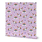 unicorns with rainbows (primary) on light purple