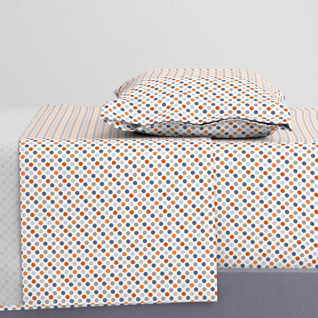 Blue, Gray & Orange Polka Dots on White