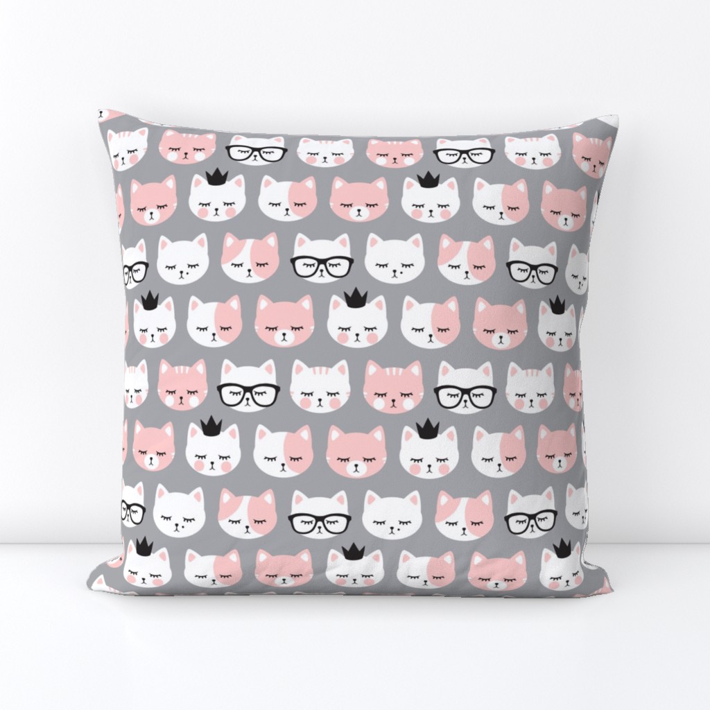 cat faces - light pink on grey