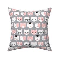 cat faces - light pink on grey