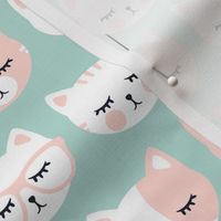 cat faces - pink and dark mint