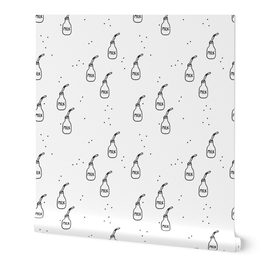 Sweet soft pastel baby milk bottle with straw illustration monochrome black and white