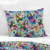 FUCHSIA FLOWERS GARDEN WATERCOLOR SCATTERED EMERALD GREEN