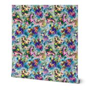 FUCHSIA FLOWERS GARDEN WATERCOLOR SCATTERED EMERALD GREEN