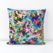 FUCHSIA FLOWERS GARDEN WATERCOLOR SCATTERED EMERALD GREEN