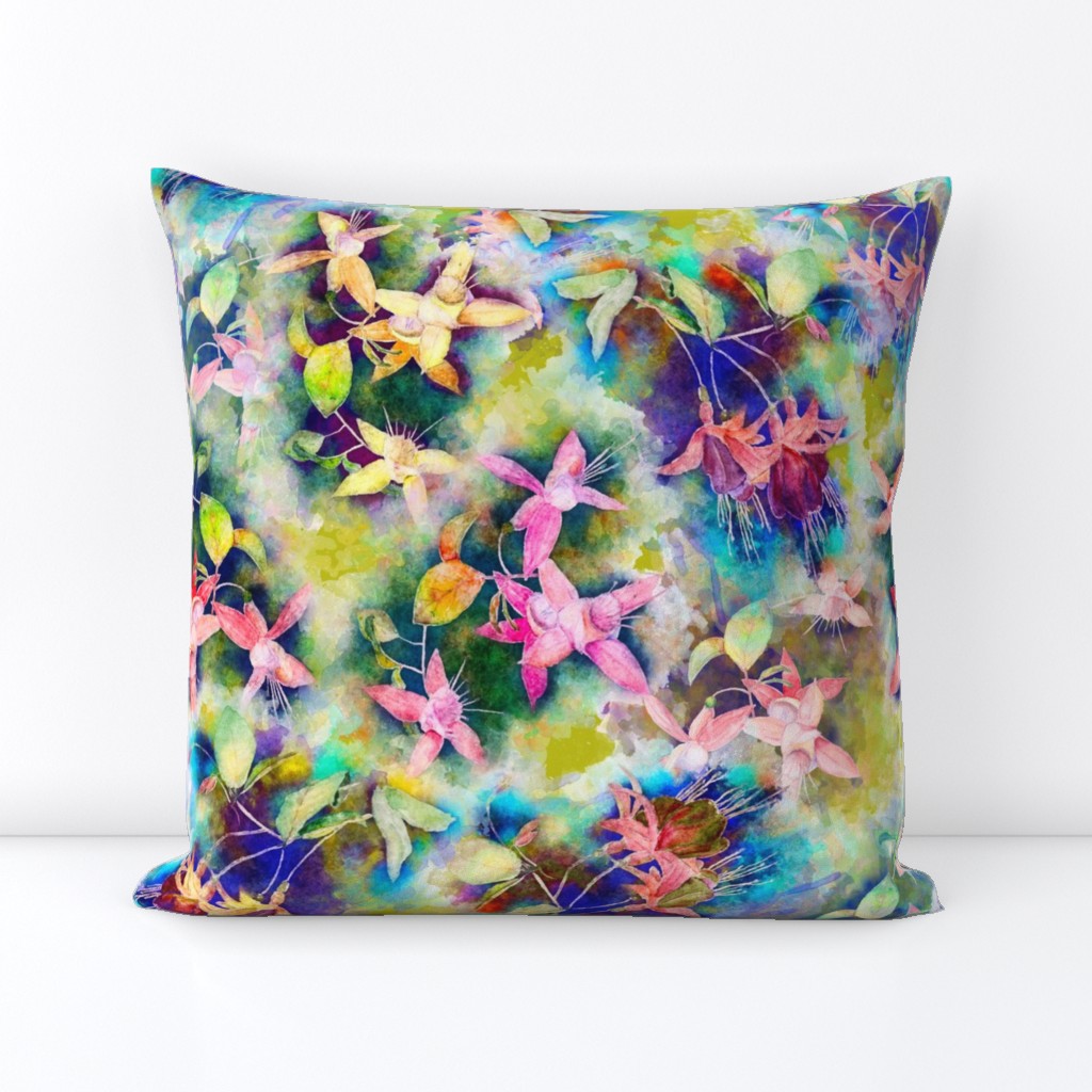 FUCHSIA FLOWERS GARDEN WATERCOLOR SCATTERED LIME SPRING GREEN