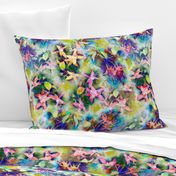 FUCHSIA FLOWERS GARDEN WATERCOLOR SCATTERED LIME SPRING GREEN