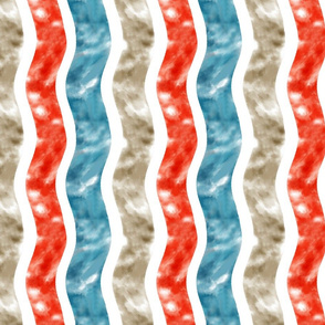 Wavy Watercolor Stripe in Red Blue & Tan & White