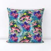 FUCHSIA FLOWERS GARDEN WATERCOLOR ALTERNATE EMERALD GREEN