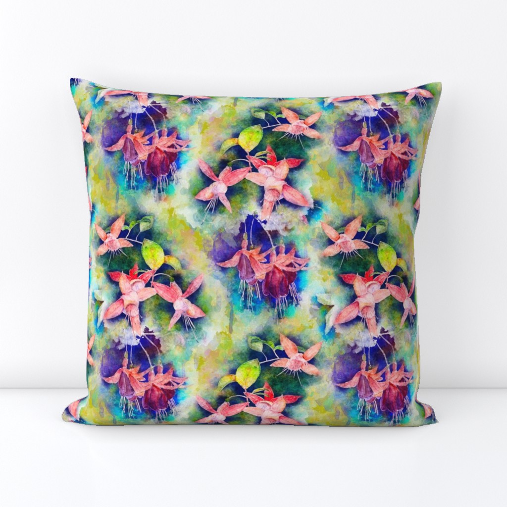 FUCHSIA FLOWERS GARDEN WATERCOLOR ALTERNATE LIME SPRING GREEN