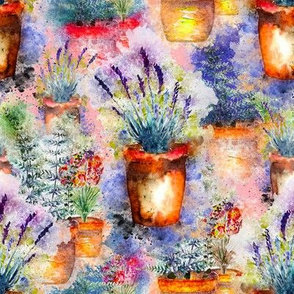 LAVENDER AND HERBS GARDEN WATERCOLOR ON MORNING PINK