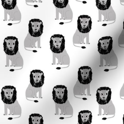 lion safari animal fabric print white grey