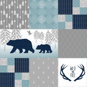 Bears Deer Antlers Wholecloth – Wild and Free Cheater Quilt – Navy Gray Blue Design