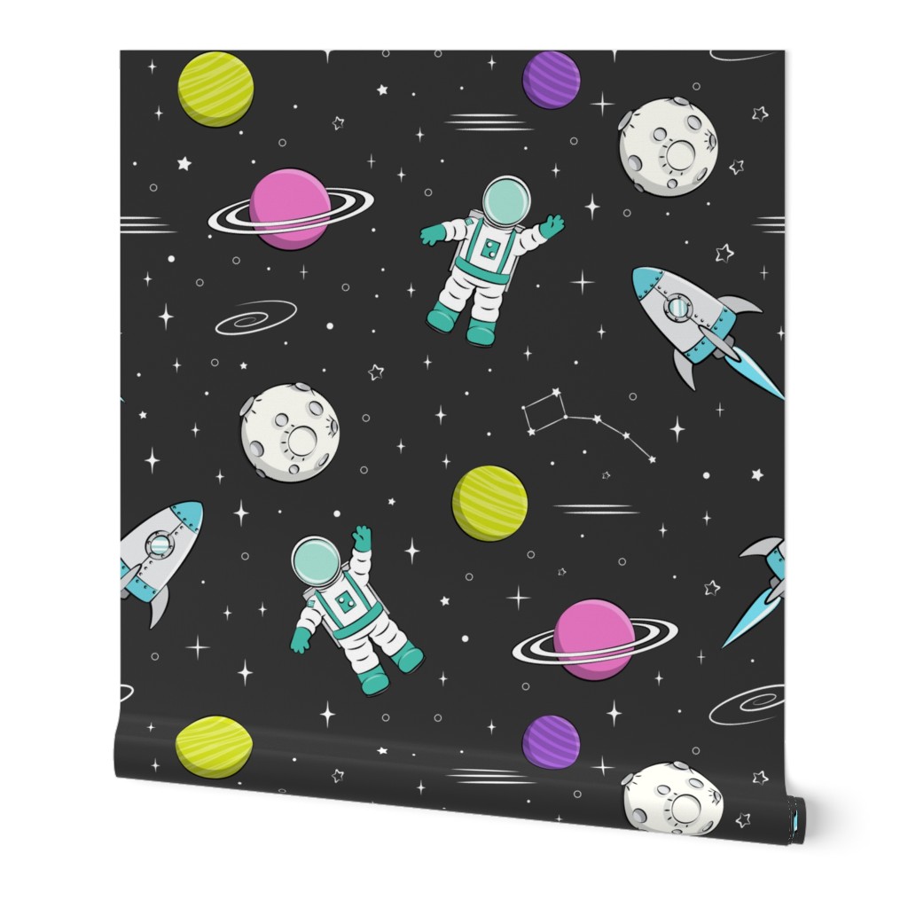 space print - dark grey with pink planet STEM 